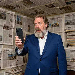 dslr photo still of infowars host alex jones in a blue suit fat grey beard and mustache in a!!! room filled to the ceiling with newspapers newspapers to the ceiling newspapers everywhere stacks of newspapers!!!!!! looking at an iphone in shock gazing at an iphone in his hand scared look at iphone being held up!!!, 5 2 mm f 1. 8