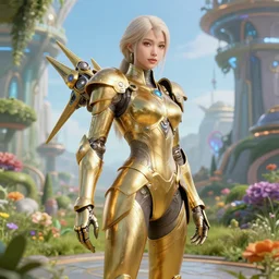 holy cyborg girl with golden armor, elegant, scifi, jetpack, alien world, futuristic, utopia, garden, colorful, lee ji - eun, mass effect, illustration, atmosphere, top lighting, blue eyes, focused, artstation, highly detailed, art by yuhong ding and chengwei pan and serafleur and ina wong
