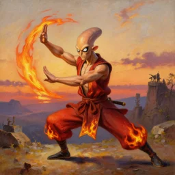 [ squidward ] wearing fire nation clothing and practicing firebending outside at susnset, oil painting, highly [ detailed ], intricate, hd, sharp focus, photorealistic, by moebius and greg rutkowski and thomas kinkade, trending on artstation, trending on cgsociety, realistic shading and lighting