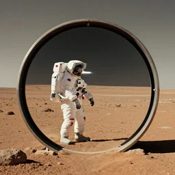 a circular portal opened in an empty field showing an astronaut on the surface of mars on the other side. hyper realistic, 4 k