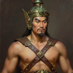 smart tai warlord of yodia, closeup portrait, without beard and mustache, historical hero, ethnic group, tai costume, thai traditional bronze headdress, intricate, with leather armor cross on bare chest, elegant, loin cloth, highly detailed, oil painting, artstation, concept art, matte, sharp focus, illustration, hearthstone, art by earl norem