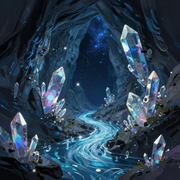 concept art by jama jurabaev, cel shaded, cinematic shot, trending on artstation, high quality, brush stroke, vibrant colors, the crystal cave under the starry night, the starlight of the stream, and the floating crystal
