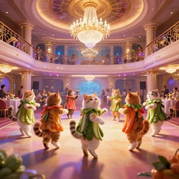 8 k uhd cinema 4 d, octane render of multiple cats with fluffy tails, dressed as vegetables, line dancing at a party, in the ballroom of a luxury cruise liner, beautiful chandeliers from the ceiling, ultra realistic, wide angle shot, group photography 1 8 mm lens, multi coloured volumetric lighting