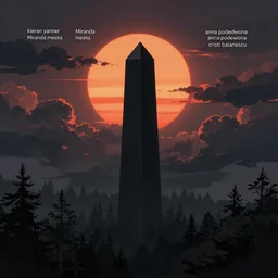 monolithic black monolith standing above a stormy dark forest at sunset, illustration, by ( kieran yanner ) ( miranda meeks ) ( anna podedworna ) ( cristi balanescu ), digital art