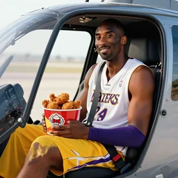 Kobe Bryant sitting in a helicopter cockpit and holding a Kentucky fried chicken bucket, hyper detailed, 8k resolution