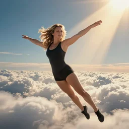 bodybuilder jennifer lawrence wearing spandex, flying through clouds, god's rays, cinematic light, octane render, photorealistic, gta v cover art