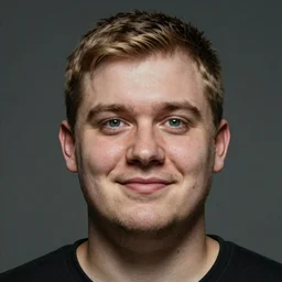 tall chunky man in his twenties with brown blond short regular haircut and round facial structure with cleft chin, straight eyebrows, big alert eyes, slightly smiling, cheekbones, straight nose, wider face, shadow of beard, atmospheric lighting, painted, intricate, 4 k, highly detailed by charlie bowater
