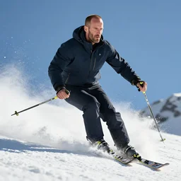 jason statham skiing, dust, full body shot, finely detailed