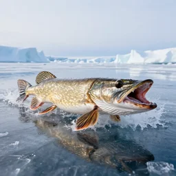 An enormous northern pike with open jaws breaks through the arctic ice, Nature Photograph