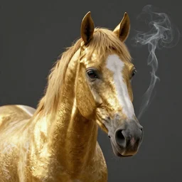 a photo realistic portrait of morgan freeman as a horse, gold and smoke, portrait, rembrandt lighting, octane render, hyperrealistic