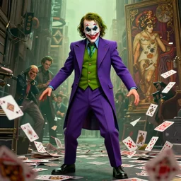 portrait of joaquin pheonix as dc comic villain the joker creepy smile, full body pose, purple suit, green bowtie, new york chaotic background, scattered joker poker cards, chaos by michael hussar, greg rutkowski, alphonse mucha, 3 d octane render. ambient occlusion.