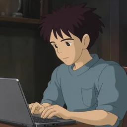 guy with medium length black hair using a laptop, tan skin, looking down, art by hayao miyazaki, studio ghibli film, twitter pfp