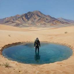 a solitary scuba divers is standing alone in a small wading pool. the pool is surrounded by desert sand ; mountain range in the background. the sky is cloudless. futuristic surrealist detailed oil painting,