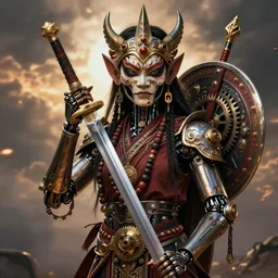 hyper realistic portrait of postapocalyptic indonesian death cult monk cyborg girl with indonesian demon mask, sword and shield, beads, gears, machineparts, cinematic, artstation, cgsociety, greg rutkowski, james gurney, mignola, craig mullins, brom