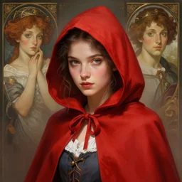 Red Riding Hood looking at camera, highly detailed, digital painting, artstation, concept art, smooth, sharp focus, illustration, Unreal Engine 5, 8K, art by artgerm and greg rutkowski and alphonse mucha