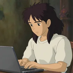 young filipino guy with long black hair using a laptop, looking down, art by hayao miyazaki, studio ghibli film, cinematic