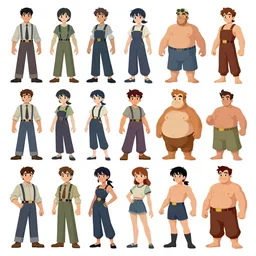 game asset sheet, material study, 2 d sprite, large detailed characters from animation, large characters, 1 9 6 0 s era