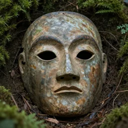 a ancient mask buried in the forest, realistic