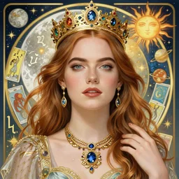 emma stone portrait by louis - theophile hingre and alphonse mucha, realistic, sharp focus, zodiac signs, tarot cards, planets, ethereal, art nouveau, magic, moon, sun, crown, dreamy, royal, jewellery