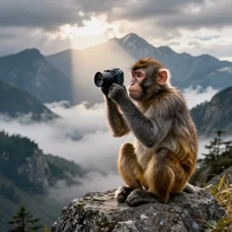 a monkey taking a photograph, mountains in the backround with clouds, as fabry glenn