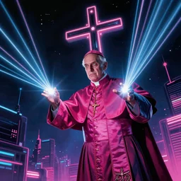 Cyber Pope shooting bright lasers out of his hands, 80s, science fiction, cyberpunk, neon, low angle shot, cross, pope, movie poster, futuristic