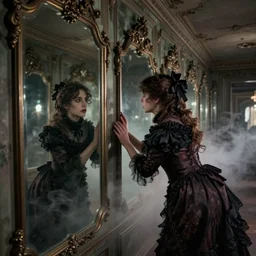 a beautiful victorian woman is frightened by her doppleganger in a mirror. she is in a long hallway of mirrors. victorian interior, with many mirrors, elegant design, haunting atmosphere, dark lighting, gothic, horror style, swirling fog, volumetric lighting, by greg rutkowski, realistic, low angle, 3 / 4 view.