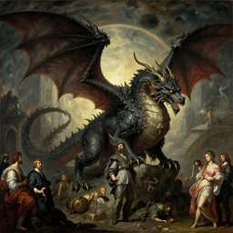 A majestic gothic planetary dragon, by Francis Bacon, by Henry Fuseli, by Francisco de Goya, by Caravaggio, by Sandro Botticelli, masterpiece, oil on canvas, trending on artstation, top on pixiv, cinematic composition, dramatic scene, beautiful lighting, concept art, sharp, high details, astrophotography, no frames, 8K