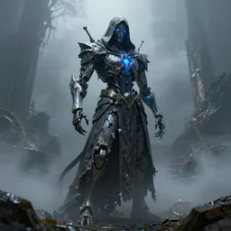 character and environment design, arrogant ( ( biomechanical ) ) arcanist, tattered!!! robe and hood, blue light, fog, scary, hostile, photorealistic, cinematic, hyper realistic, octane render, 8 k, wide angle