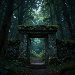Forest at night with a stone portal leading into a sunny world. Gloomy, forest at night. Highly detailed, trending on artstation.