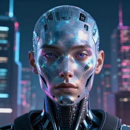 an rtx octane render of a cyborg's face in front of a cyberpunk city background, shimmers, portrait photography,