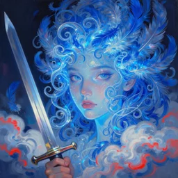 a painting of a face made of curling blue light who made of curly and transparent feathers and cloud with red edges is holding a sword, a digital painting by charlie bowater, made of many translucent layers of blue feathers and cloud, metaphysical painting, speedpainting, digital painting, holographic undertones, highly saturated colors, 4 k, glossy eyes, concept art, trending on artstation