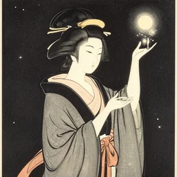 8k high detailed woodblock print of a celestial geisha experiencing enlightenment in space, Cinematic angle, vibrant colors,intricate and vivid details, art station, Hasui Kawase