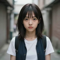 cute girl in vest, walking in an alley. | very very anime!!!, fine - face, audrey plaza, realistic shaded perfect face, fine details. anime. realistic shaded lighting poster by ilya kuvshinov katsuhiro otomo ghost, magali villeneuve, artgerm, jeremy lipkin and michael garmash and rob rey