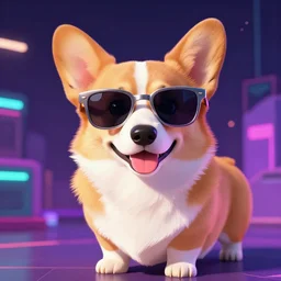 corgi dog wearing sunglasses, synthwave style, artstation