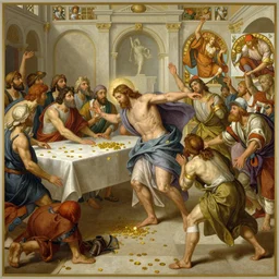 a detailed picture of jesus throwing the merchants out of the temple, thrown tables, scattered gold coins, fleeing merchants, fantasy, intricate, elegant, highly detailed, digital painting, artstation, matte, sharp focus, illustration, art by john collier and albert aublet and krenz cushart and artem demura and alphonse mucha