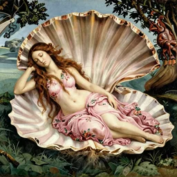 an ultradetailed mythological oil painting of a beautiful woman with long brown hair, full body, wearing pink floral gown, lying asleep within a giant scallop shell, near the seashore, intricate lines, elegant, renaissance style, by sandro botticelli
