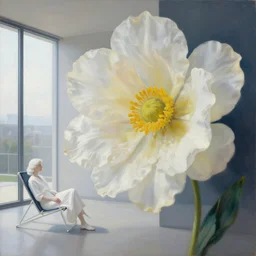 closeup, gigantic flower head, white woman sitting on lounge chair by a modern window, surreal photography, studio light, impressionist painting, digital painting, artstation, simon stalenhag