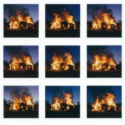 collage of polaroid photographs of burning houses