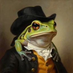 a head and shoulders portrait painting of an anthropomorphic!!!!!!!!!! amazon milk frog!!!!!!!!!! wearing a colonial outfit without a hat looking off camera, a character portrait, american romanticism, oil on canvas, soft lighting