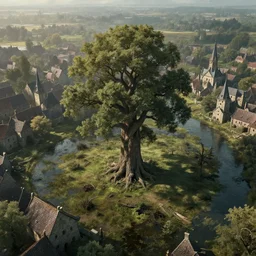 ancient tree airborne view of a downtrodden medieval town by a river in a swamp with a tall ancient hollow tree in its center, 4k, by Greg Rutkowski, fantasy, mix of celtic and Rus architecture, cinematic