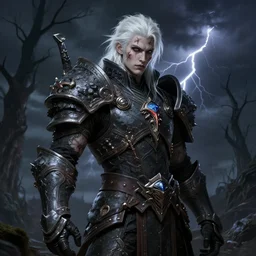 portrait of beautiful gothic and futuristic young man, warcraft, cyber and rocks armor whith some trees, a lot of more and more scars, thunderstorm, black with white head, the middle ages, highly detailed, artstation, illustration, more and more composision, 8 k quality, art by jean delville