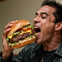 kenny g unhinging his jaw to eat a gigantic burger, epic, cinematic, realism, ultra detailed, 8 k, film still