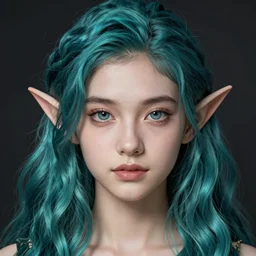 centered detailed portrait of a extremely beautiful young girl and elves hybrid, symmetrical, long wavy teal hair, sharp focus on the eyes, final fantasy, details, intricate, octane render, smooth face, illustration, hyperrealistic, by wlop and dmitry prozorov, artgerm, artstation,