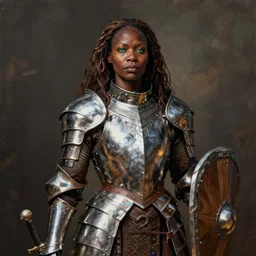 arabella mistsplitter, female dark - skinned aasimar soldier in her fifties, long brown hair, green eyes, african, ethiopian, short height, regular build, magnificent oval face, polished steel armor, shortsword, wooden shield a female dnd fighter's portrait by brian patterson and rhads