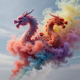 billowing clouds of multicolored smoke in the shape of poppies and dragons