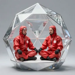 two scientist wearing a red hazmat suit meditating inside a diamond polyhedron by frank frazetta