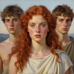 oil painting by ilya kuvshinov,, baugh casey, rhads, coby whitmore, of a young cassandra the trojan prophetess, long curly red hair, greek nose, meditteranean facial features, ancient greek peplos, outdoors, highly detailed, breathtaking face, studio photography, dawn, intense subsurface scattering, blush, supple look, innocence, intense sunlight
