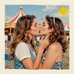 two women kissing at a carnival, mixed media collage, retro, paper collage, magazine collage, acrylic paint splatters