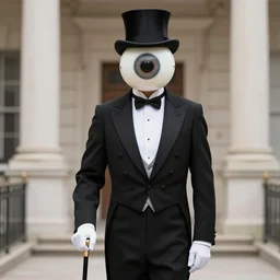 elegant gentleman wearing giant eyeball mask hiding his face and head, impeccably dressed in black tailcoat tuxedo and top hat with theatrical walking cane