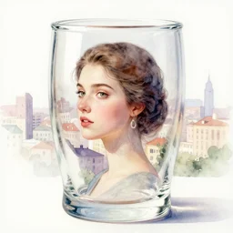 a city in a glass which is the head of a woman, aquarelle